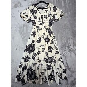 Stella & Julie Floral Maxi Dress Cream Black V-Neck Smocked Waist Small
